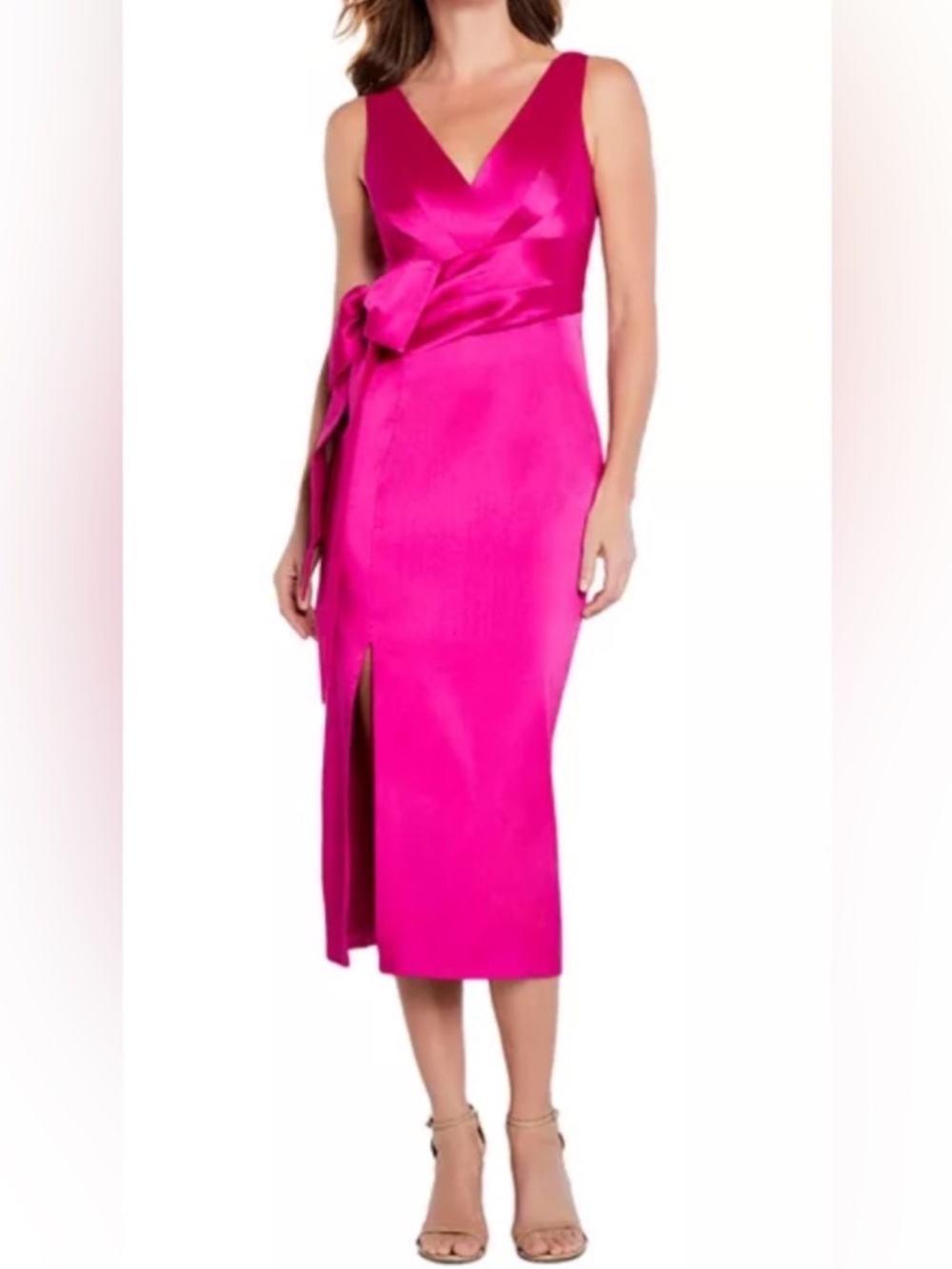 NWT - Fuchsia V-Neck Sleeveless Midi Dress with Side Bow